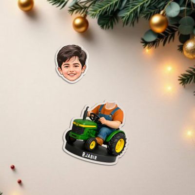 Personalized Little Boy on Tractor Bobblehead Caricature Standee Custom Photo Acrylic Cutout with Name, Unique Gift for Kids, Son, or Grandson Battery Powered Moving Head Feature